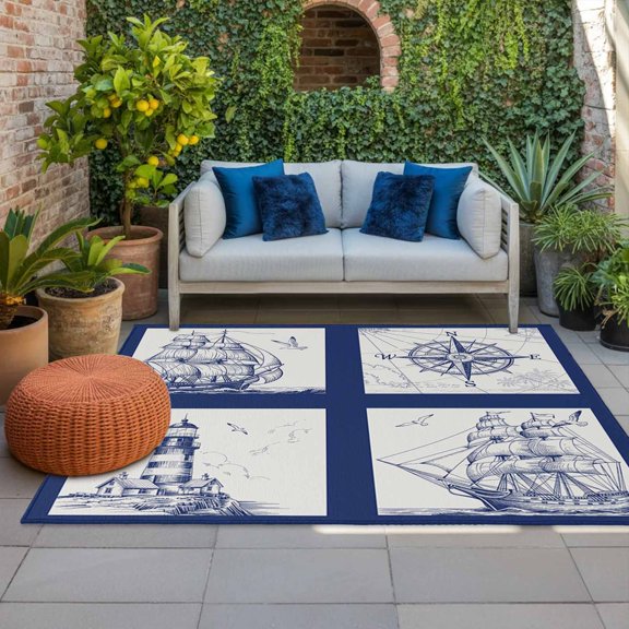 Outdoor Rug, Navy Blue Compass Sailing Ship Plaid Indoor Area Rug Outdoor Carpet RV Camping Rugs 4x6ft Nautical Retro Lighthouse Outside Mat for Patio Picnic Porch Deck Balcony Backyard