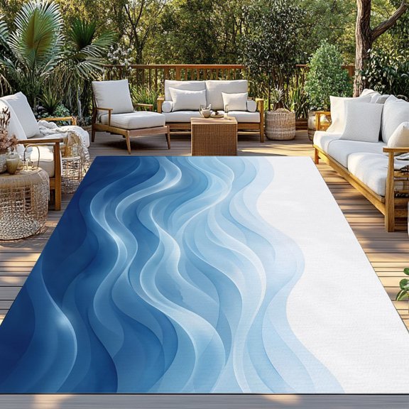 Outdoor Rug, Navy Blue Fluid Waves Indoor Area Rug Outdoor Carpet RV Camping Rugs 3x5ft Minimalist Gradient Layered Outside Mat for Patio Picnic Porch Deck Balcony Backyard