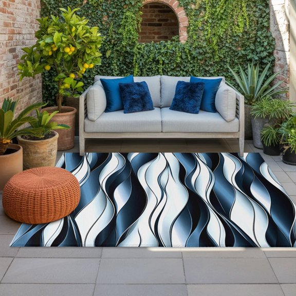 Outdoor Rug, Navy Blue Gradient Stripes Indoor Area Rug Outdoor Carpet RV Camping Rugs 4x6ft Twist Abstract Line Outside Mat for Patio Picnic Porch Deck Balcony Backyard