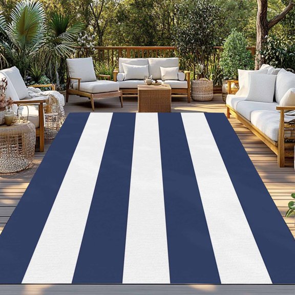 Outdoor Rug, Navy Blue and White Stripes Indoor Area Rug Outdoor Carpet RV Camping Rugs 3x5ft Marine Style Outside Mat for Patio Picnic Porch Deck Balcony Backyard