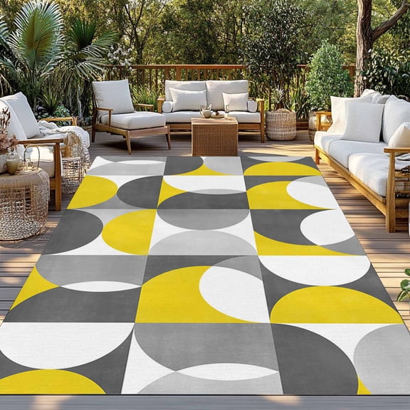Outdoor Rug, Nordic Medieval Splicing Half Circle Indoor Area Rug Outdoor Carpet RV Camping Rugs 3x5ft Yellow Grey Abstract Outside Mat for Patio Picnic Porch Deck Balcony Backyard