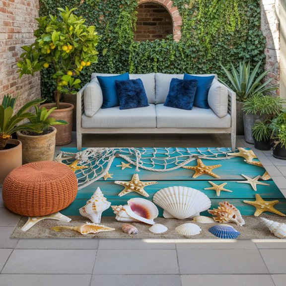 Outdoor Rug, Ocean Beach Starfish Conch Fishing Net Indoor Area Rug Outdoor Carpet RV Camping Rugs 4x6ft Blue Wood Board Outside Mat for Patio Picnic Porch Deck Balcony Backyard