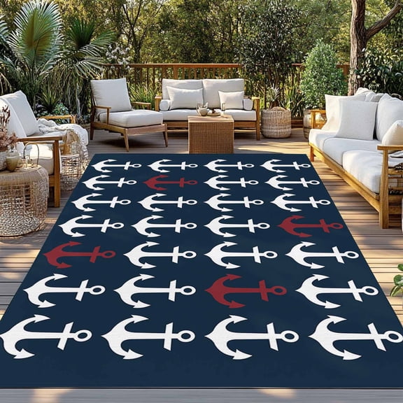 Outdoor Rug, Ocean Nautical White and Red Ship's Anchor Indoor Area Rug Outdoor Carpet RV Camping Rugs 3x5ft Dark Blue Outside Mat for Patio Picnic Porch Deck Balcony Backyard