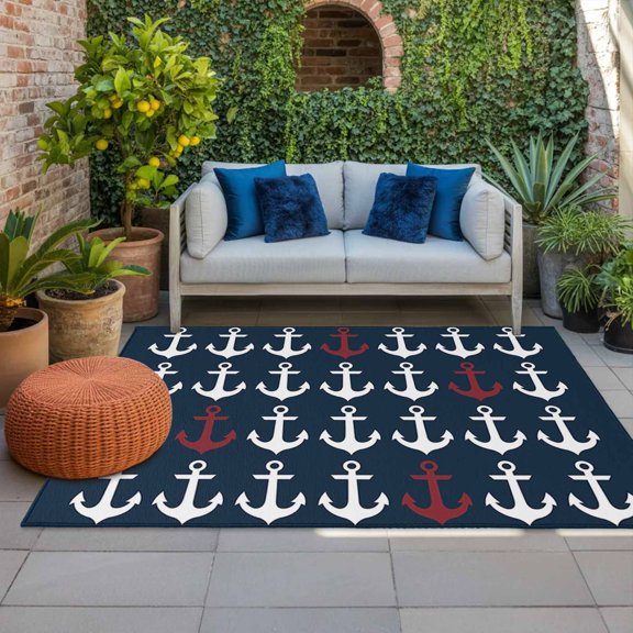 Outdoor Rug, Ocean Nautical White and Red Ship's Anchor Indoor Area Rug Outdoor Carpet RV Camping Rugs 4x6ft Dark Blue Outside Mat for Patio Picnic Porch Deck Balcony Backyard