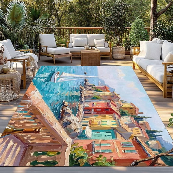 Outdoor Rug, Ocean Scene Sailboat Oil Painting Indoor Area Rug Outdoor Carpet RV Camping Rugs 3x5ft Coastal Town Italian Style Outside Mat for Patio Picnic Porch Deck Balcony Backyard