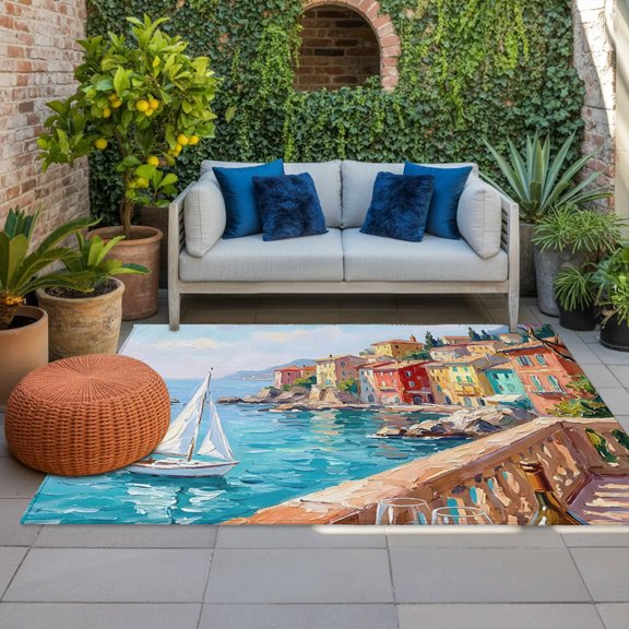 Outdoor Rug, Ocean Scene Sailboat Oil Painting Indoor Area Rug Outdoor Carpet RV Camping Rugs 4x6ft Coastal Town Italian Style Outside Mat for Patio Picnic Porch Deck Balcony Backyard