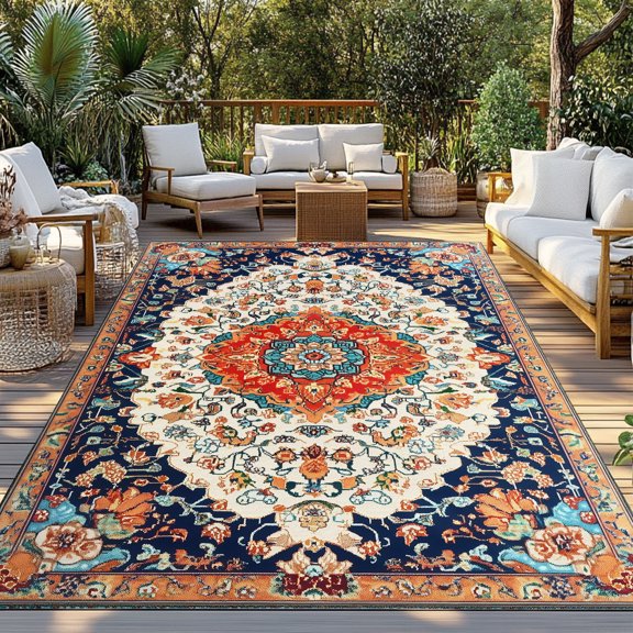 Outdoor Rug, Orange Blue Boho Pattern Indoor Area Rug Outdoor Carpet RV Camping Rugs 3x5ft Abstract Geometrically Art Outside Mat for Patio Picnic Porch Deck Balcony Backyard
