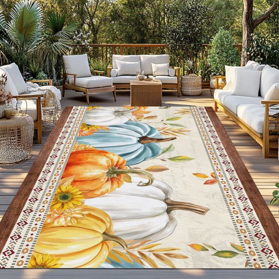 Outdoor Rug, Orange Pumpkin Maple Leaf Fall Thanksgiving Indoor Area Rug Outdoor Carpet RV Camping Rugs 3x5ft Boho Stripe Vintage Stamp Outside Mat for Patio Picnic Porch Deck Balcony Backyard