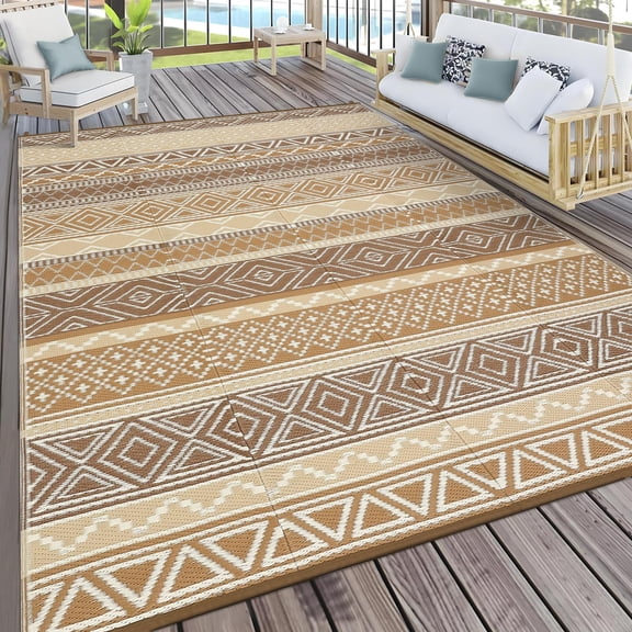 Outdoor Rug, Outdoor Plastic Straw Rug, Outdoor Rugs 9x12 for Patios Clearance Waterproof Patio Rug, Camping Rugs for Outside Rv, Grey Recyclable Woven Rugs for Yard, Deck,Brown/Tan