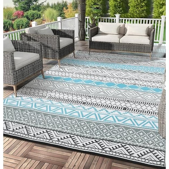 Outdoor Rug, Outdoor Plastic Straw Rug, Outdoor Rugs 9x12 for Patios Clearance Waterproof Patio Rug, Camping Rugs for Outside Rv, Grey Recyclable Woven Rugs for Yard, Deck, Blue & Gray