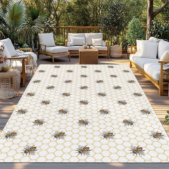 Outdoor Rug, Pastoral Farm Bee Honeycomb Indoor Area Rug Outdoor Carpet RV Camping Rugs 3x5ft Rustic Abstract Hexagon Outside Mat for Patio Picnic Porch Deck Balcony Backyard
