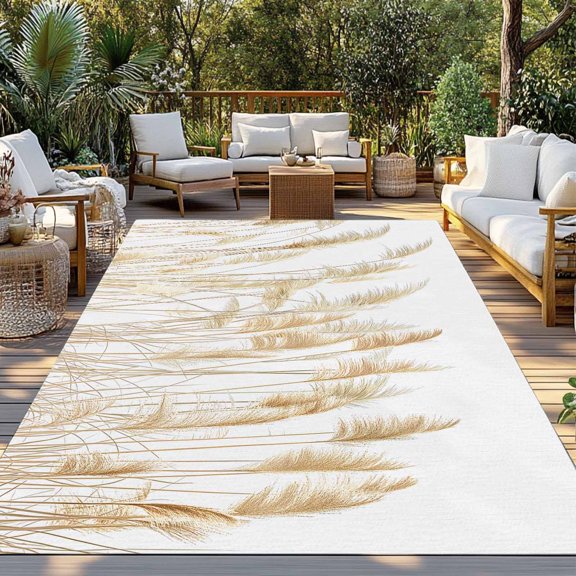 Outdoor Rug, Pastoral Reed Pampas Grass Plant Indoor Area Rug Outdoor Carpet RV Camping Rugs 3x5ft Autumn Botanical on White Outside Mat for Patio Picnic Porch Deck Balcony Backyard
