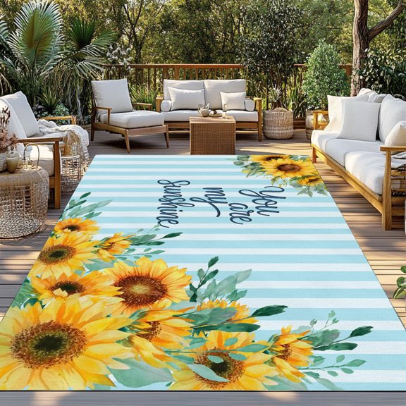 Outdoor Rug, Pastoral Sunflower Blue Stripes Indoor Area Rug Outdoor Carpet RV Camping Rugs 3x5ft You Are My Sunshine Quote Outside Mat for Patio Picnic Porch Deck Balcony Backyard