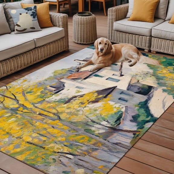 Outdoor Rug for Patio 3'x5',Country Road Mediterranean Villas Non-Slip Area Rugs Washable Carpet Indoor Rug,Cypress Trees Non-shedding Floor Mats for Porch Living Room Deck