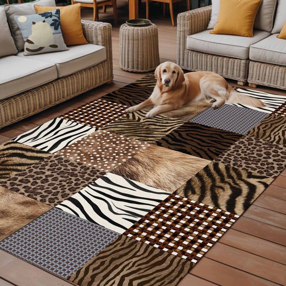Outdoor Rug for Patio 3'x5',Leopard Tiger Zebra Deer Texture Non-Slip Area Rugs Washable Carpet Indoor Rug,Wild Animal Print Print Non-shedding Floor Mats for Porch Living Room Deck