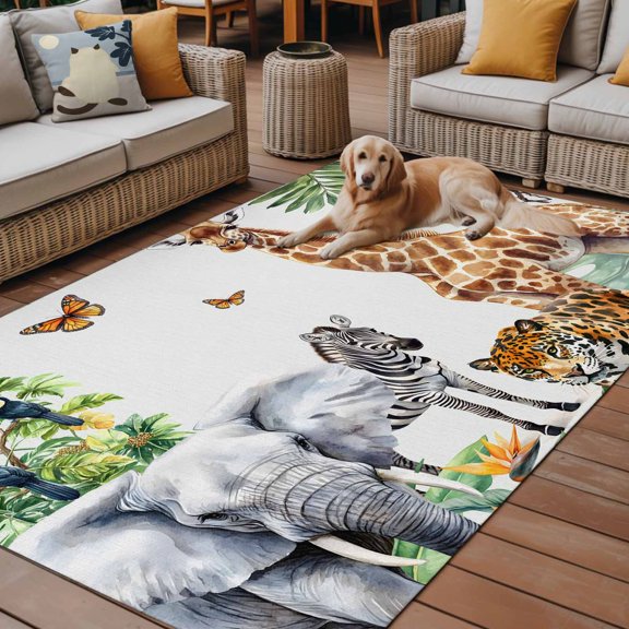 Outdoor Rug for Patio 3'x5',Tiger Elephant Giraffe Animal Non-Slip Area Rugs Washable Carpet Indoor Rug,Tropical Jungle Green Leaves Non-shedding Floor Mats for Porch Living Room Deck