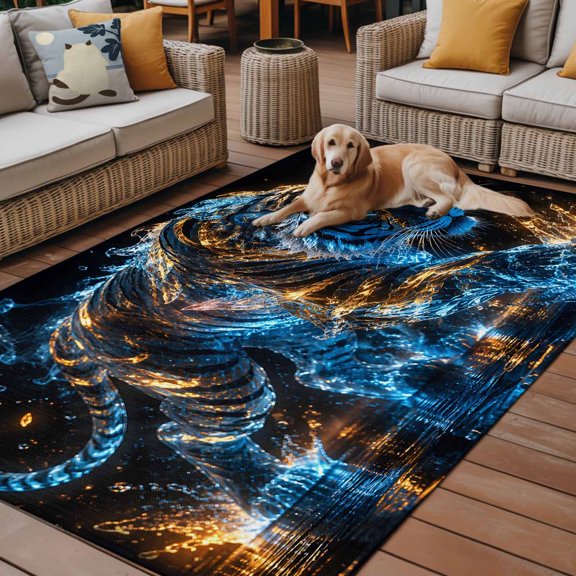 Outdoor Rug for Patio 3'x5',Tiger Wildlife Animal Non-Slip Area Rugs Washable Carpet Indoor Rug,Glowing Blue Gold Non-shedding Floor Mats for Porch Living Room Deck