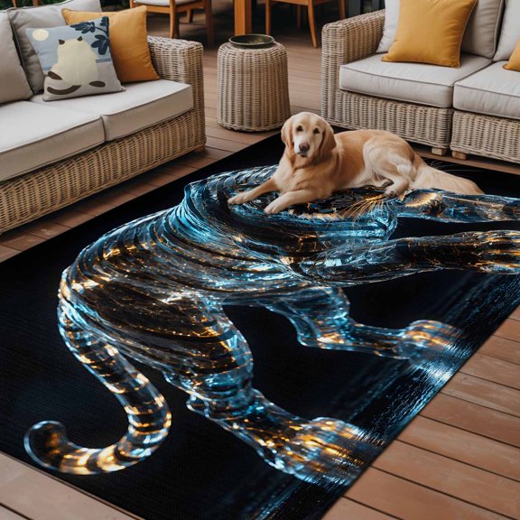 Outdoor Rug for Patio 3'x5',Wildlife Animal Tiger Non-Slip Area Rugs Washable Carpet Indoor Rug,Glowing Blue Gold Non-shedding Floor Mats for Porch Living Room Deck