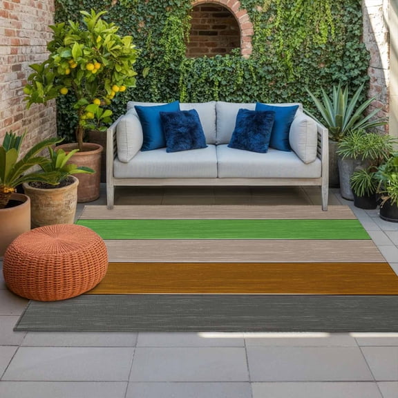 Outdoor Rug for Patio 3x5ft Vintage Farm Barn Gray Striped Outdoor Area Rug Green Brown Wooden Soft Floor Mat for Porch Garden Backyard Indoor Entryway Home Decor