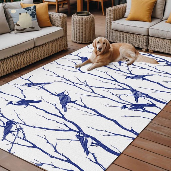 Outdoor Rug for Patio 4'x6',Birds Silhouette on Rustic Branches Non-Slip Area Rugs Washable Carpet Indoor Rug,Blue Bird Animal on White Non-shedding Floor Mats for Porch Living Room Deck