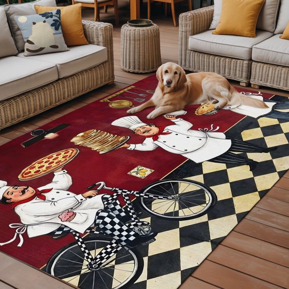 Outdoor Rug for Patio 4'x6',Kitchen Italian Chef Non-Slip Area Rugs Washable Carpet Indoor Rug,Farmhouse Pizza Black White Check Non-shedding Floor Mats for Porch Living Room Deck