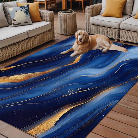 Outdoor Rug for Patio 4'x6',Seamless Abstract Wavy Line Non-Slip Area Rugs Washable Carpet Indoor Rug,Gold Royal Blue Texture Non-shedding Floor Mats for Porch Living Room Deck
