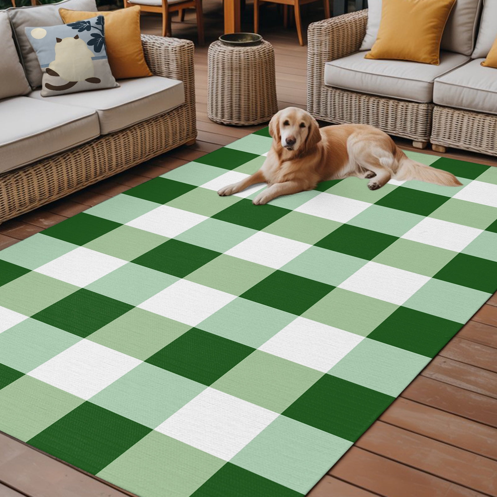 Outdoor Rug for Patio 4'x6',Spring Green White Plaid Non-Slip Area Rugs ...