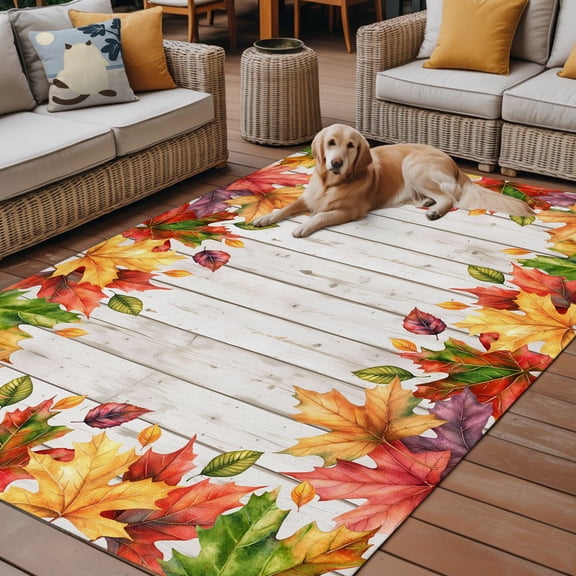 Outdoor Rug for Patio 4'x6',Thanksgiving Fall Orange Maple Leaf Watercolor Non-Slip Area Rugs Washable Carpet Indoor Rug,Farm Wood Board Non-shedding Floor Mats for Porch Living Room Deck