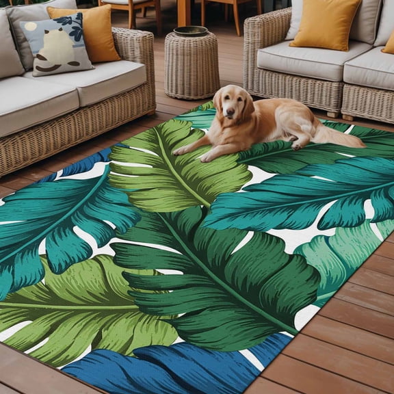 Outdoor Rug for Patio 4'x6',Tropical Banana Leaf Non-Slip Area Rugs Washable Carpet Indoor Rug,Classic Summer Green Blue Plants Non-shedding Floor Mats for Porch Living Room Deck