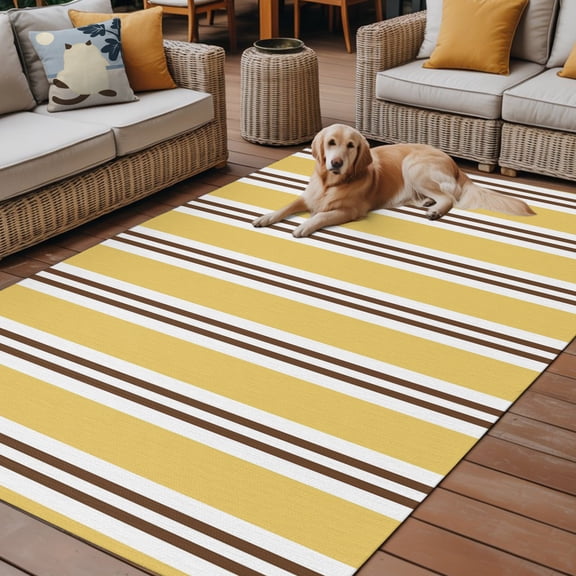 Outdoor Rug for Patio 4'x6',Yellow Brown Stripes Line Non-Slip Area Rugs Washable Carpet Indoor Rug,Vintage Nordic Striped Non-shedding Floor Mats for Porch Living Room Deck