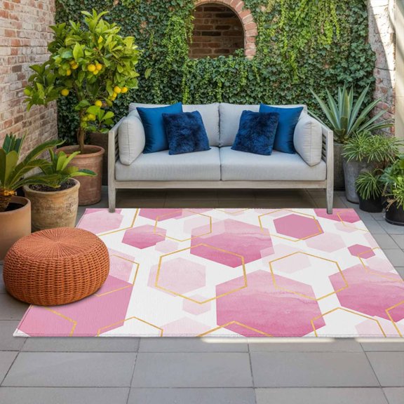 Outdoor Rug for Patio 5x8ft Pink White Gold Geometric Outdoor Area Rug Modern Abstract Hexagon Pattern Soft Floor Mat for Porch Garden Backyard Indoor Entryway Home Decor
