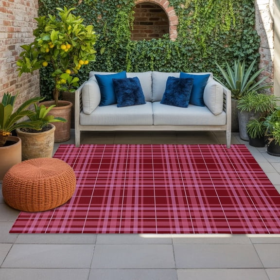 Outdoor Rug for Patio 5x8ft Retro Checked Outdoor Area Rug Vintage Red Pink Deep Maroon Squares Stripes Soft Floor Mat for Porch Garden Backyard Indoor Entryway Home Decor