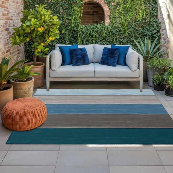 Outdoor Rug for Patio 5x8ft Vintage Farm Barn Gray Striped Outdoor Area Rug Blue Brown Wooden Soft Floor Mat for Porch Garden Backyard Indoor Entryway Home Decor