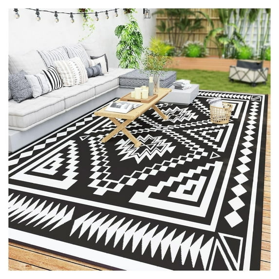 Outdoor Rug for Patio, 9' x 18' Waterproof Large Mat, Reversible Plastic Straw Rug for Decor, Portable Outside RV Camping Area Carpet Mat for Backyard Porch Deck Picnic, Black & Gray Square