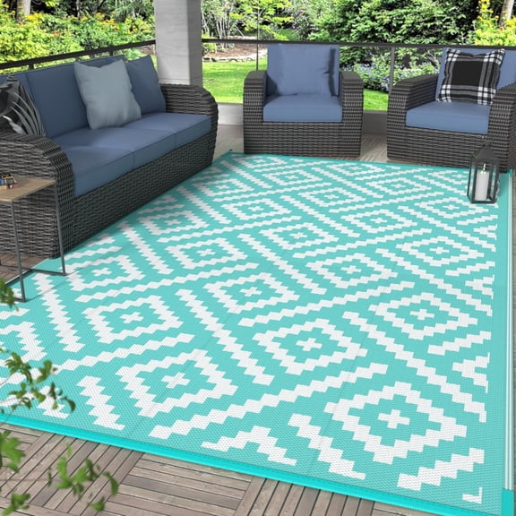 Outdoor Rug for Patio Clearance, 6'x9' Waterproof Camping Mat, Reversible Plastic Straw Rugs for RV, Camper, Balcony, Backyard, Picnic, Deck (Aqua Blue & White)