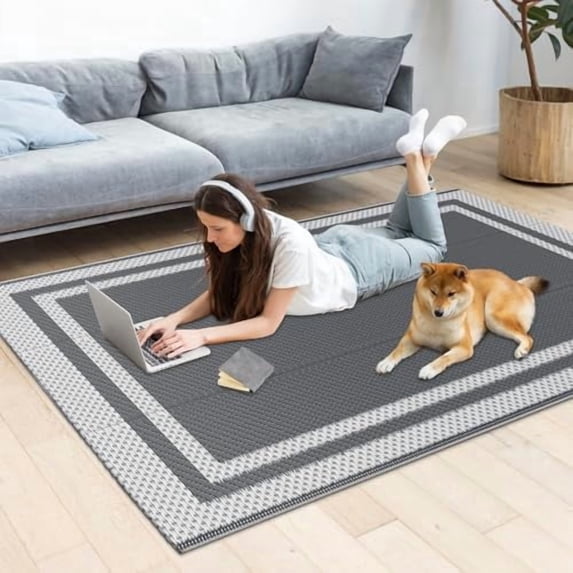 ,Outdoor Rug,Patio Rug,Reversible Portable Outdoor Plastic Straw Rug,Camping Rugs for Outside RV,Large Waterproof Area Rugs for Patio,Deck,Picnic,Porch,Balcony(4'x 6',White&Gray)