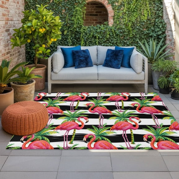 Outdoor Rug, Pink Flamingo Tropical Coconut Tree Indoor Area Rug Outdoor Carpet RV Camping Rugs 4x6ft Black and White Stripe Outside Mat for Patio Picnic Porch Deck Balcony Backyard
