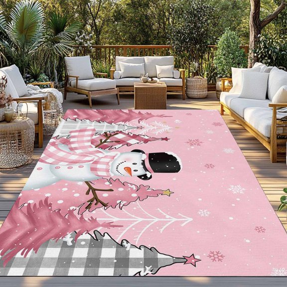 Outdoor Rug, Pink Snowman Christmas Tree Snowflakes Indoor Area Rug Outdoor Carpet RV Camping Rugs 3x5ft Pine Trees Winter Snow Outside Mat for Patio Picnic Porch Deck Balcony Backyard