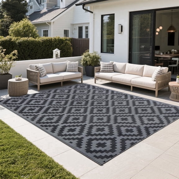 Kzaei Waterproof Outdoor Rug, Reversible Plastic Camping Area Rugs, Black & Gray