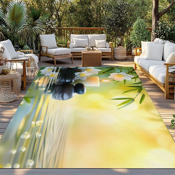 Outdoor Rug, Plumeria Flower Stones Lake Zen Meditation Indoor Area Rug Outdoor Carpet RV Camping Rugs 3x5ft Still Life Outside Mat for Patio Picnic Porch Deck Balcony Backyard