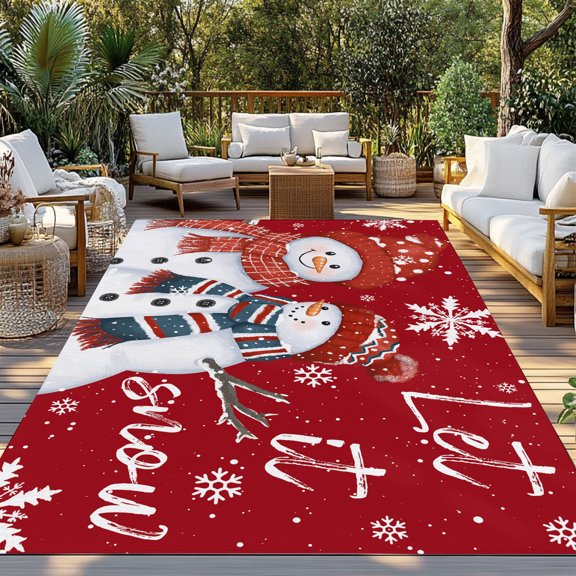 Outdoor Rug, Red Snowman Christmas Snowflakes Indoor Area Rug Outdoor Carpet RV Camping Rugs 3x5ft Winter Falling Snow Outside Mat for Patio Picnic Porch Deck Balcony Backyard