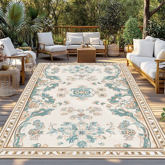Outdoor Rug, Retro Bohemia Tribal Flower Border Indoor Area Rug Outdoor Carpet RV Camping Rugs 3x5ft Western Farmhouse Outside Mat for Patio Picnic Porch Deck Balcony Backyard