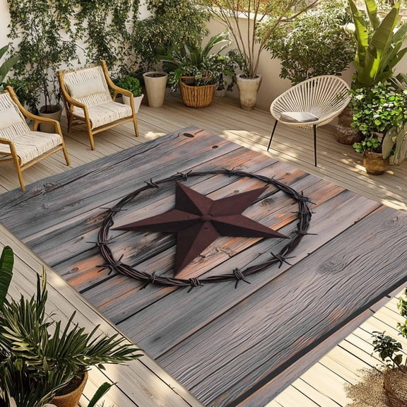 Outdoor Rug, Retro Country Texas Western Star Absorbant Non-Slip Area Rugs Mat Carpet for Patio Balcony Porch Backyard Deck Rv Camping 6x9ft Rustic Vintage Wood Plank
