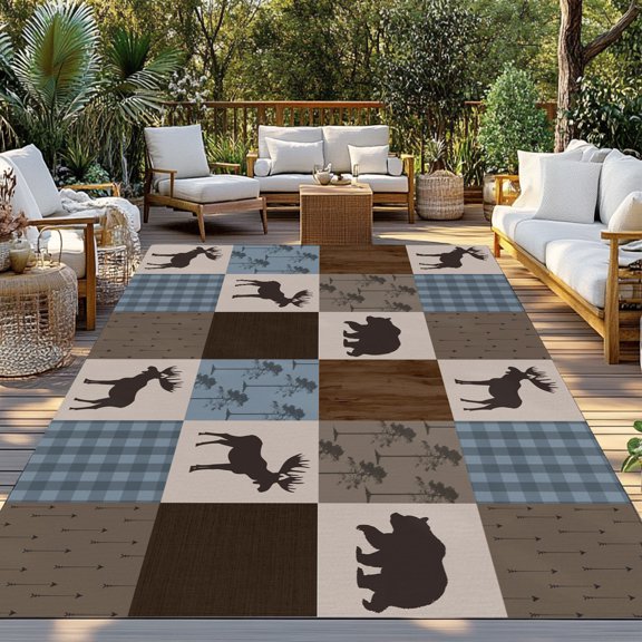 Outdoor Rug, Retro Deer Bear Plaid Check Indoor Area Rug Outdoor Carpet RV Camping Rugs 3x5ft Abstract Patchwork Pattern Outside Mat for Patio Picnic Porch Deck Balcony Backyard