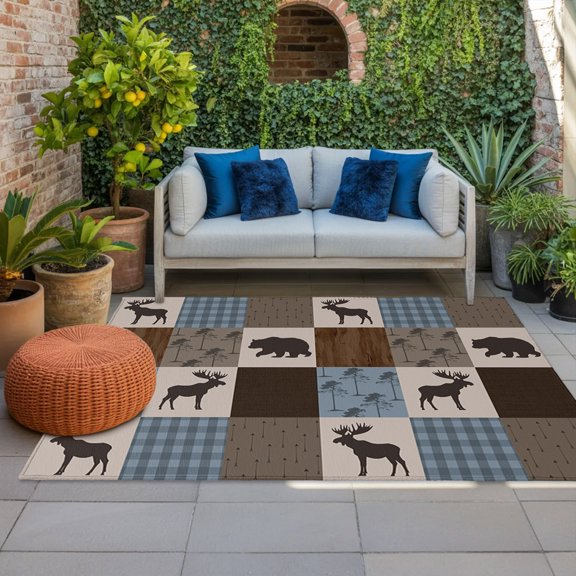 Outdoor Rug, Retro Deer Bear Plaid Check Indoor Area Rug Outdoor Carpet RV Camping Rugs 4x6ft Abstract Patchwork Pattern Outside Mat for Patio Picnic Porch Deck Balcony Backyard