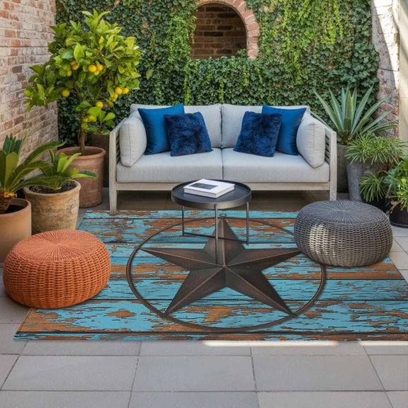 Outdoor Rug, Retro Farm Texas Star Absorbant Non-Slip Area Rugs Mat Carpet for Patio Balcony Porch Backyard Deck Rv Camping 4x6ft Shabby Blue Wood Grain