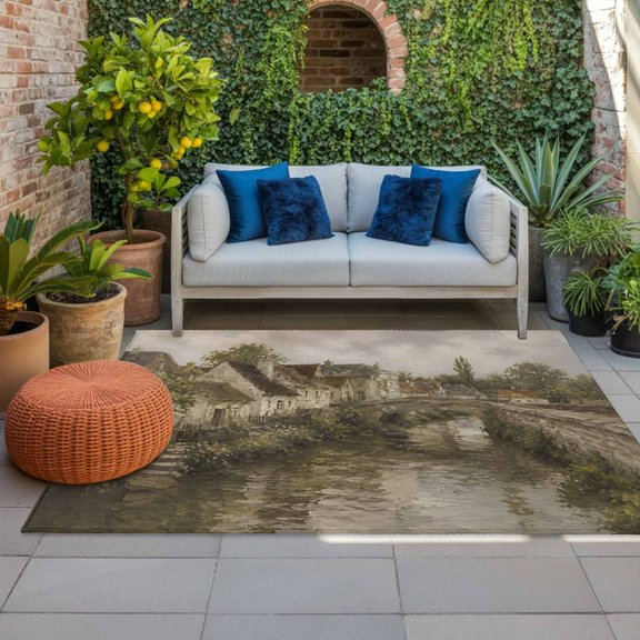 Outdoor Rug, Retro Farmhouse Stone Bridge Indoor Area Rug Outdoor Carpet RV Camping Rugs 4x6ft Vintage Countryside Outside Mat for Patio Picnic Porch Deck Balcony Backyard