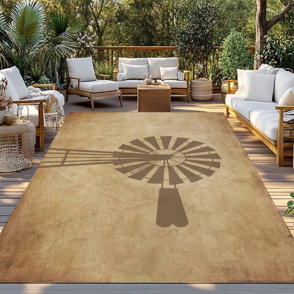 Outdoor Rug, Retro Farms Windmills Indoor Area Rug Outdoor Carpet RV Camping Rugs 3x5ft Country Windmill on Linen Outside Mat for Patio Picnic Porch Deck Balcony Backyard