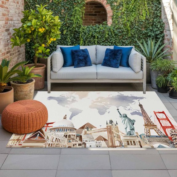 Outdoor Rug, Retro Maps of The World Tourism Indoor Area Rug Outdoor Carpet RV Camping Rugs 4x6ft Abstract Graffiti Texture Outside Mat for Patio Picnic Porch Deck Balcony Backyard