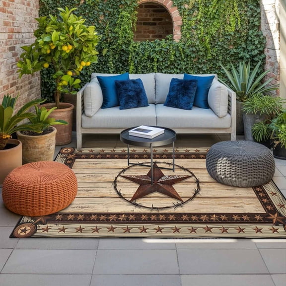 Outdoor Rug, Retro Rustic Texas Country Star Absorbant Non-Slip Area Rugs Mat Carpet for Patio Balcony Porch Backyard Deck Rv Camping 4x6ft Farmhouse Vintage Wood Barn